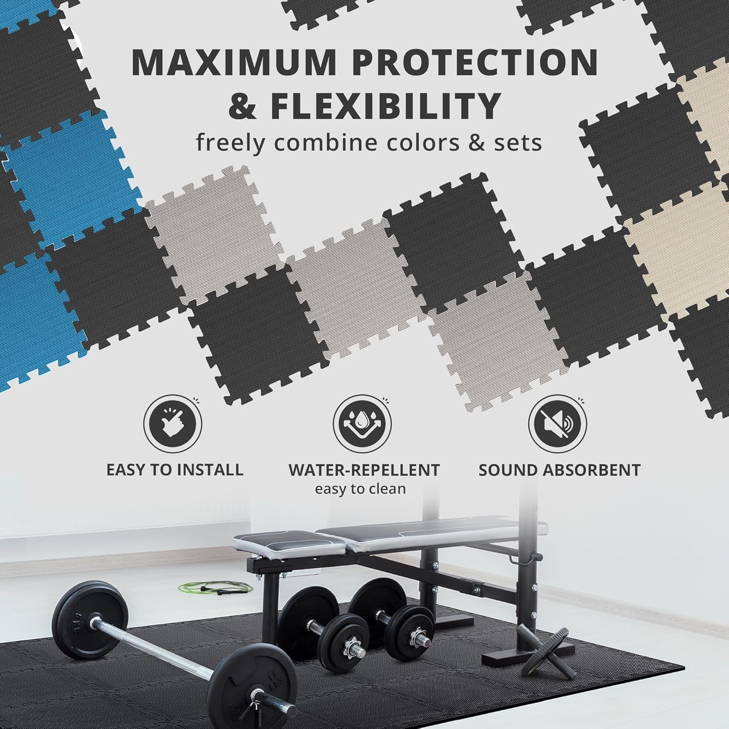 Gym Mats Set - 18 Pcs EVA Interlocking Foam Floor Tiles (12.6"X12.6"X0.4") 18Sqft Protective Gym Flooring Sports Home Workout Exercise Mats Puzzle Garage Fitness Play-Room Garage Pool Treadmill