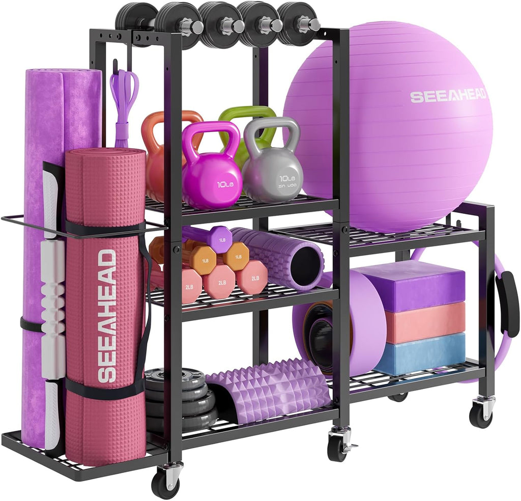 6-Tier Home Gym Storage Rack with Wheels, Dumbbell Weight Rack and Yoga Mat Organizer, Multi-Purpose Gym Equipment Storage Stand for Home Gym Accessories