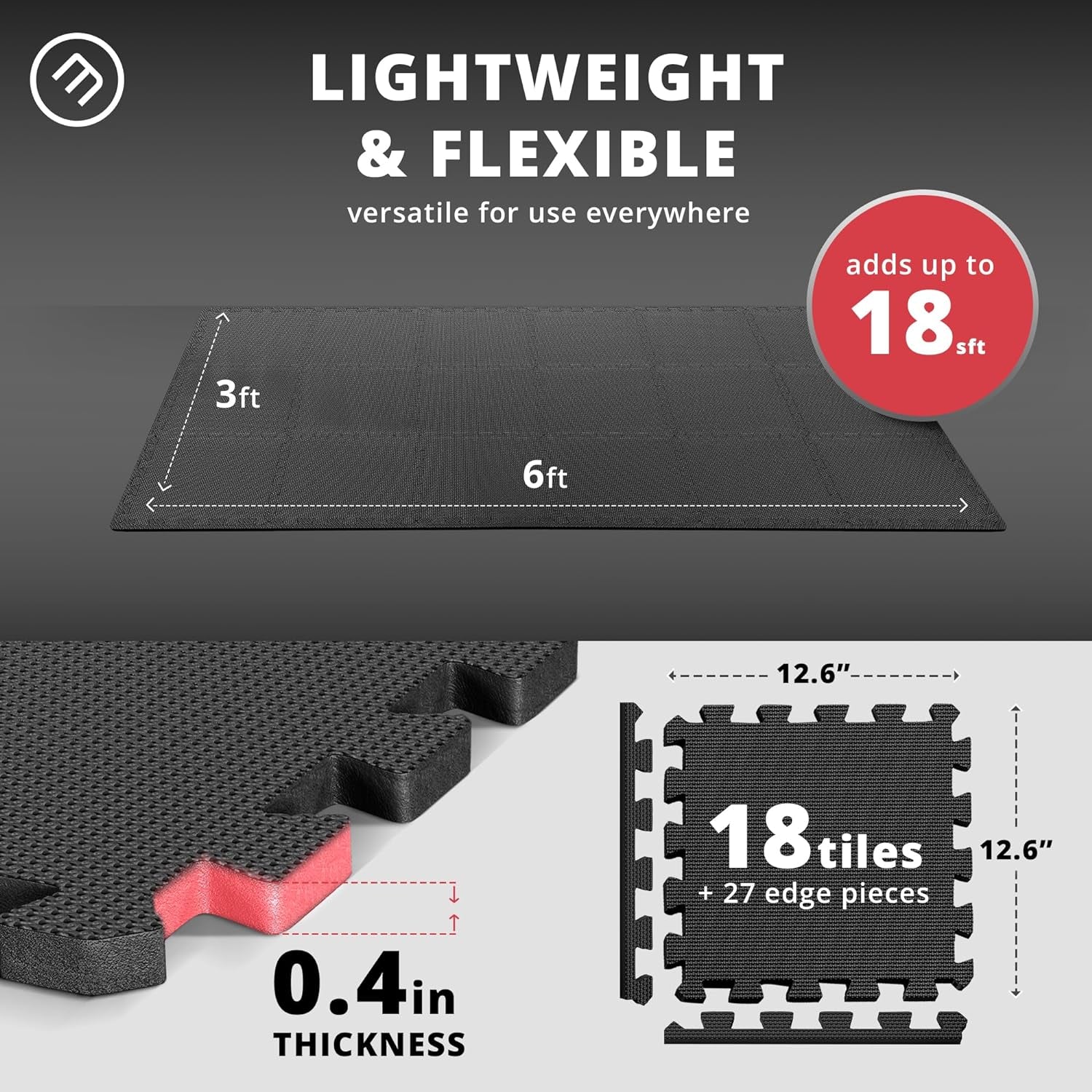 Gym Mats Set - 18 Pcs EVA Interlocking Foam Floor Tiles (12.6"X12.6"X0.4") 18Sqft Protective Gym Flooring Sports Home Workout Exercise Mats Puzzle Garage Fitness Play-Room Garage Pool Treadmill