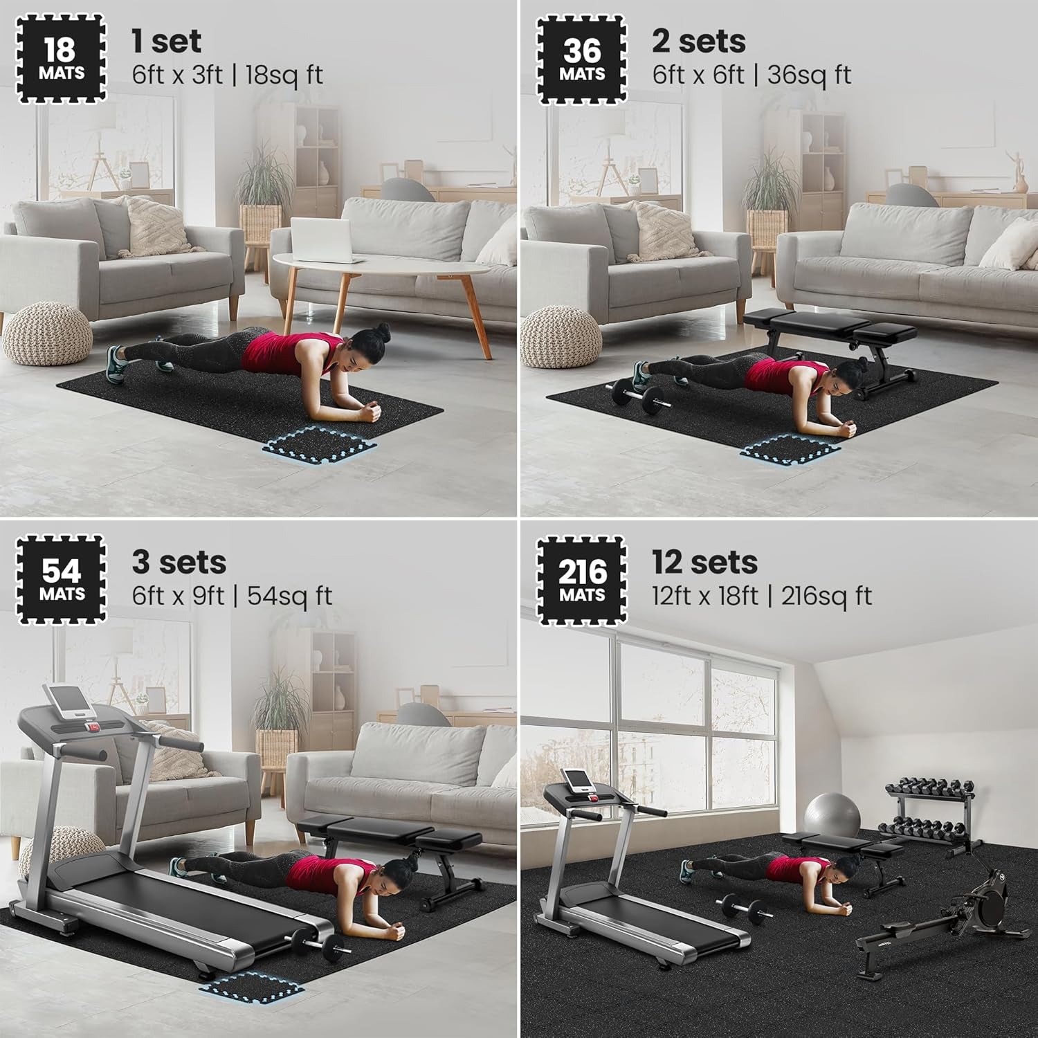 Gym Mats Set - 18 Pcs EVA Interlocking Foam Floor Tiles (12.6"X12.6"X0.4") 18Sqft Protective Gym Flooring Sports Home Workout Exercise Mats Puzzle Garage Fitness Play-Room Garage Pool Treadmill