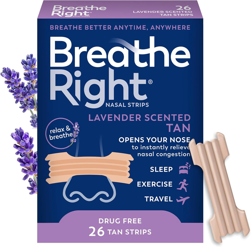 Nasal Strips Lavender Scent Extra Strength Tan Nasal Strips Help Stop Snoring Drug-Free Snoring Solution & Nasal Congestion Relief Caused by Colds & Allergies 26Ct (Packaging May Vary)