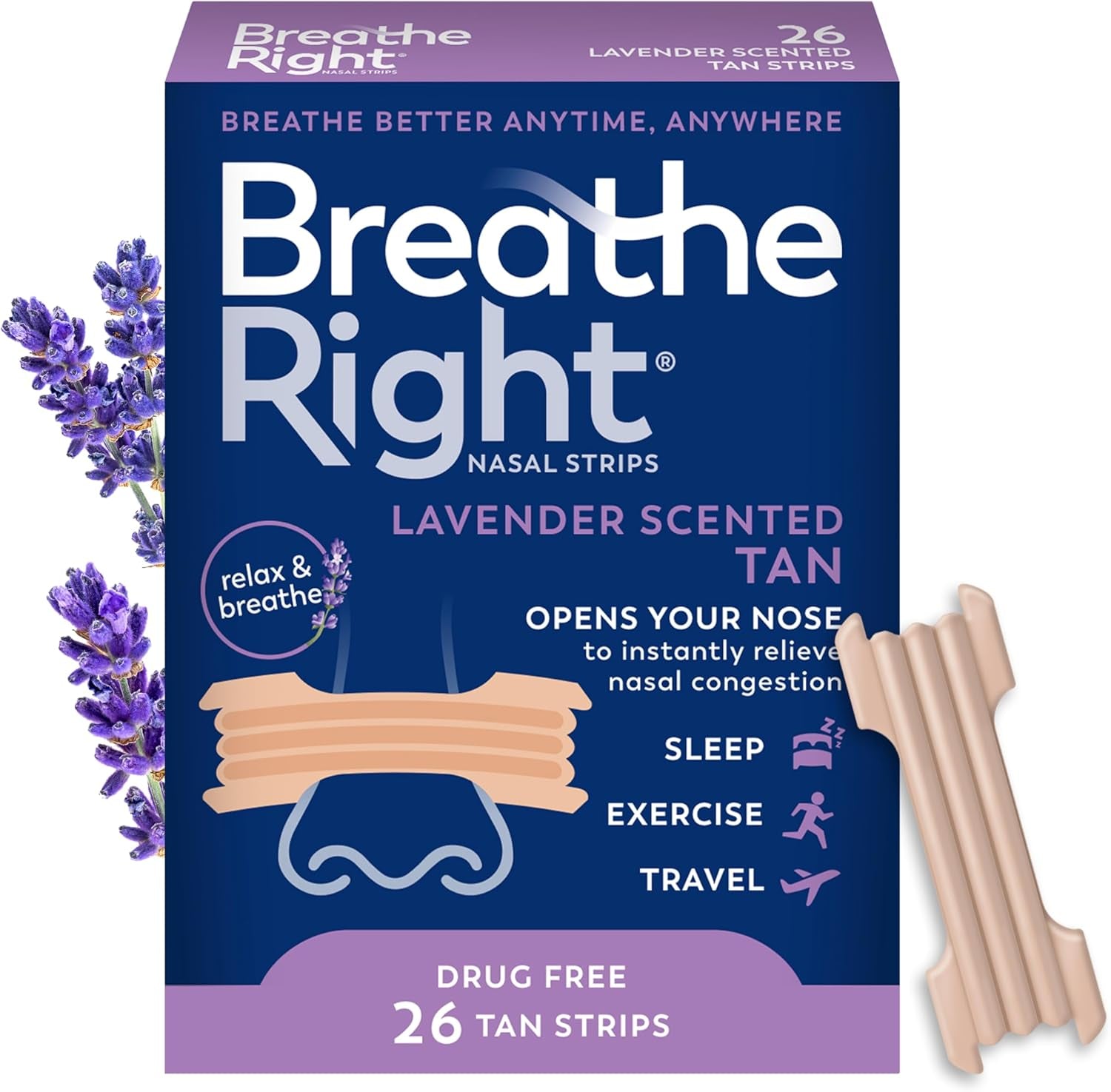Nasal Strips Lavender Scent Extra Strength Tan Nasal Strips Help Stop Snoring Drug-Free Snoring Solution & Nasal Congestion Relief Caused by Colds & Allergies 26Ct (Packaging May Vary)